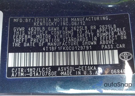 2012 Toyota Camry Se from USA, damaged, VIN 4T1BF1FK0CU129791